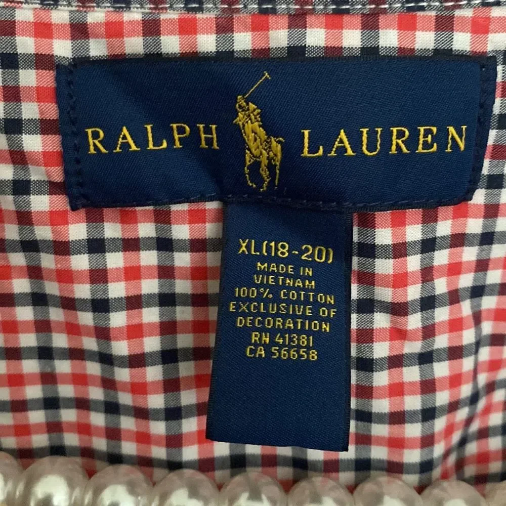 Ralph Lauren Boys XL 18-20 Plaid Button Down Shirt Gingham Red Blue Cotton LS